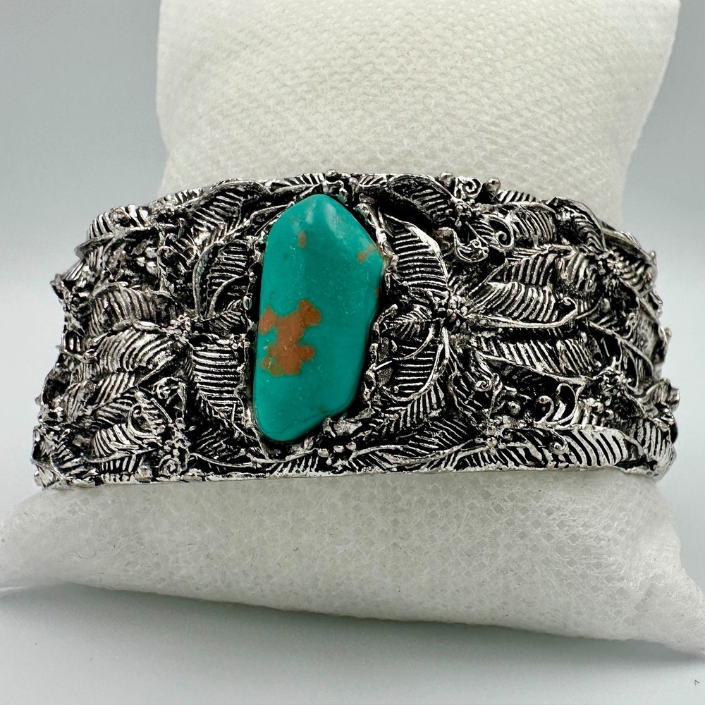 Vintage Style Ornate Silver Tone Turquoise Leaf Detail Cuff Bracelet Statement
